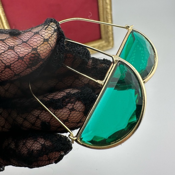 Anthropologie Crescent Elegant Gold Green Hoop Earrings - Picture 3 of 11